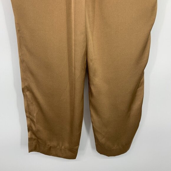 Express Pants Satin High Rise Straight Leg Pleated Ankle Crop Brown - Picture 10 of 10